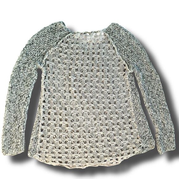 Poof! Heathered Green V-Neck Sweater with Open Knit Back size S Semi-sheer - Picture 1 of 6